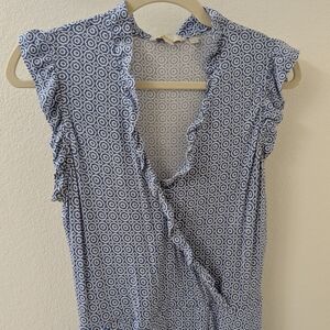 Boden Ruffle Fixed Wrap Jersey Dress Blue and White Geo Pattern Size 8